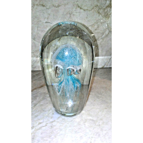 Jellyfish Glass 7" Tall Handblown Paperweight Ocean Man O War Light Blue Clear - Picture 5 of 10